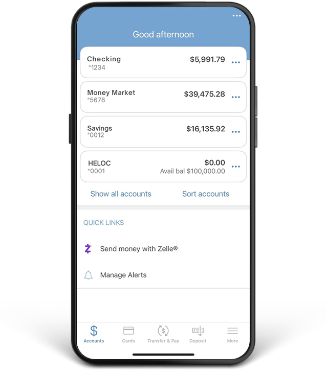 Mobile phone showing banking app.