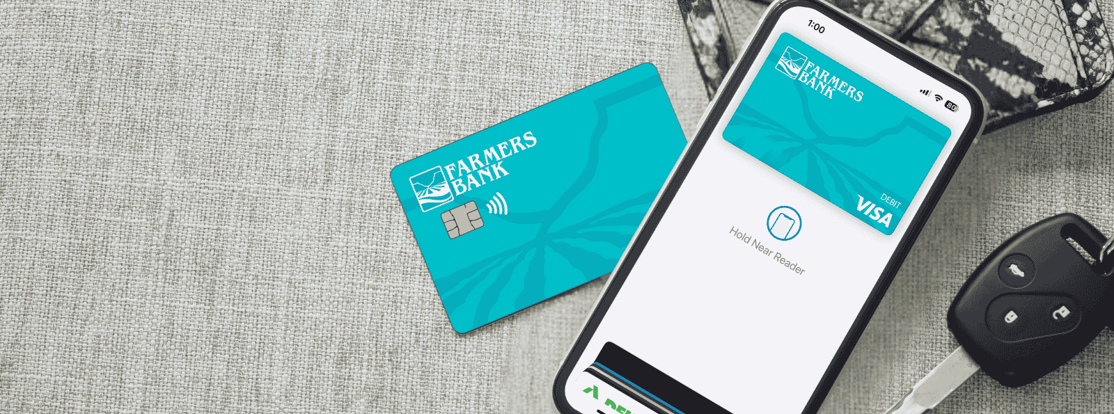 Phone wallet keys and Farmers Bank personal check card